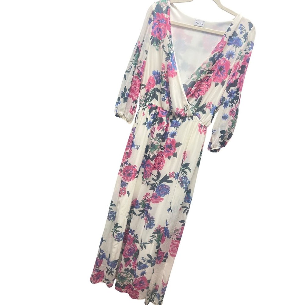 Brigitte Baile White Floral Chiffon  Plunging Neckline maxi Dress